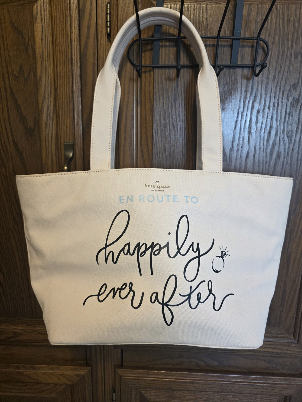 kate spade cream canvas Wedding tote with black script and light blue accent